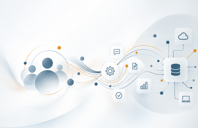 Abstrakte Grafik: Menschen, verbunden mit Prozess- und Systemsymbolen
