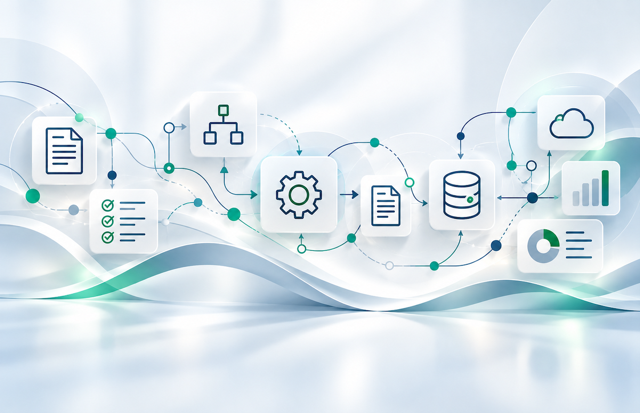 Vernetzte Prozesse und digitale Systeme mit Datenbank, Prozesssteuerung, Checklisten und Datenflüssen